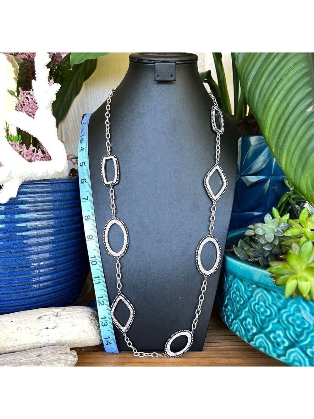Silver Black Geometric Long Chico’s Statement Necklace
